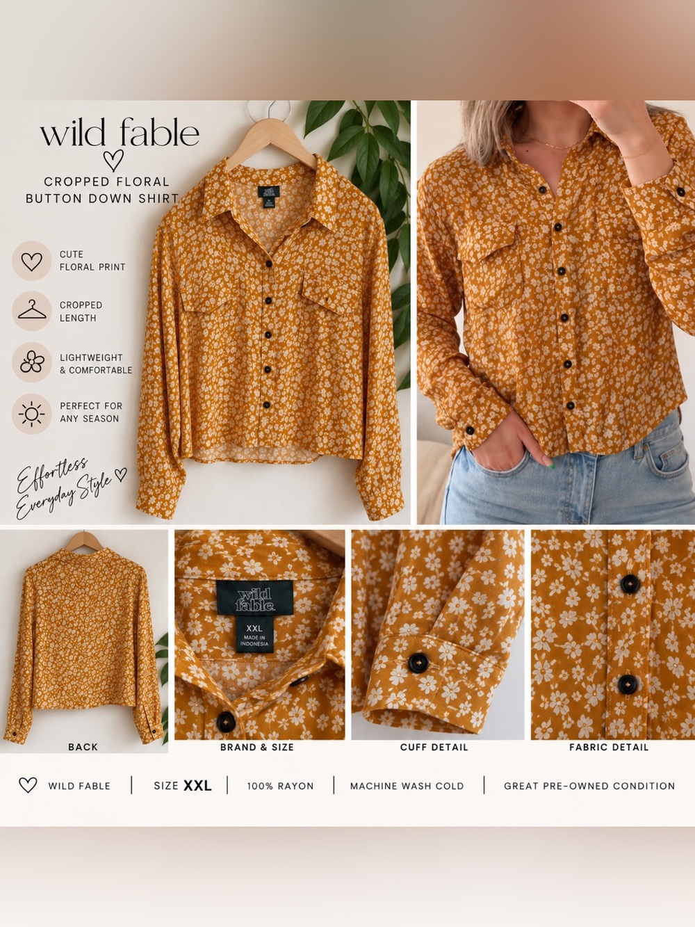 Cropped Floral Mustard Button Down Shirt